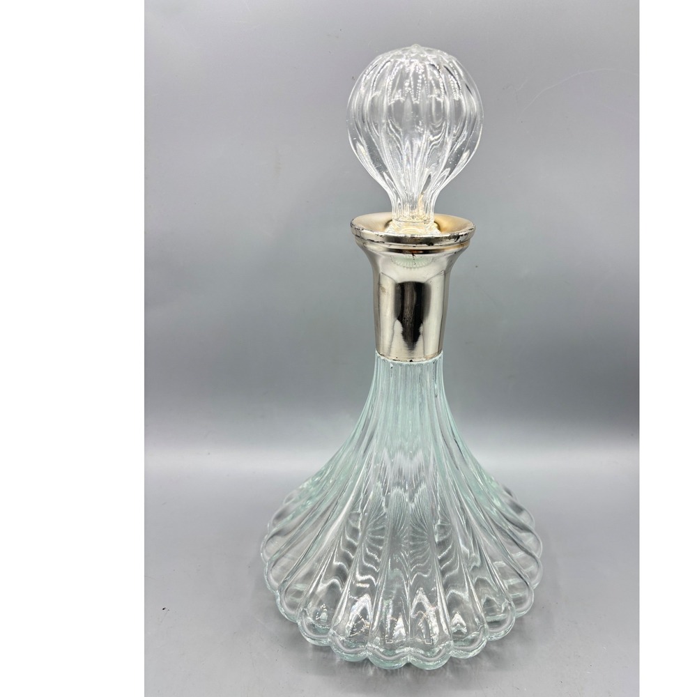 Vintage Ribbed Glass Decanter with Stopper Silver Tone Metal Collar